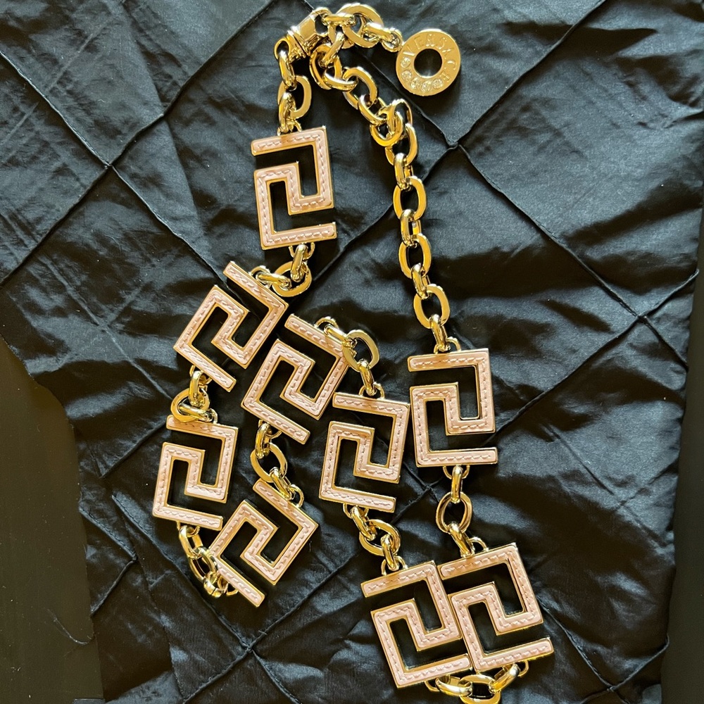 Authentic VERSACE Greek Key Pink Leather Gold Chain Belt